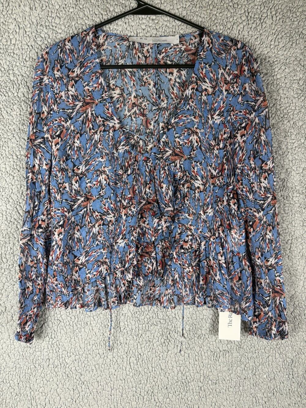 IRO Gosh Blue V Neck Floral Peplum Top Viscose Size 40 (Med)